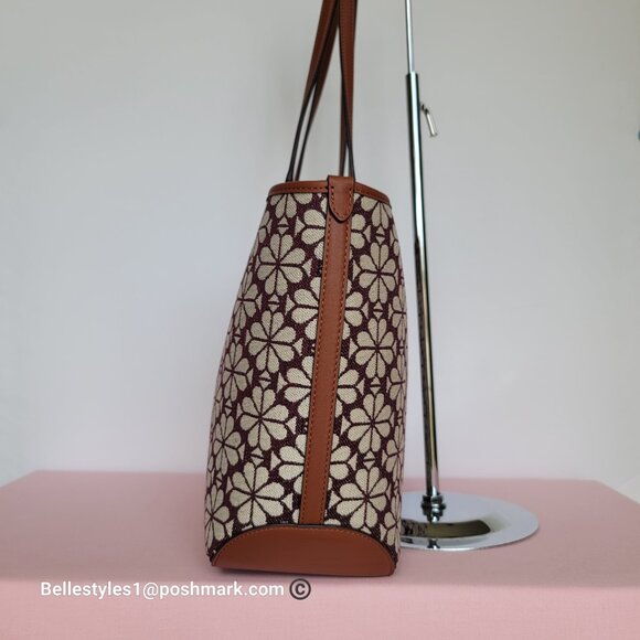 KATE SPADE Spade-Flower Jacquard and Leather Medium Open Tote- Burgundy Multi⭐ - Picture 8 of 16